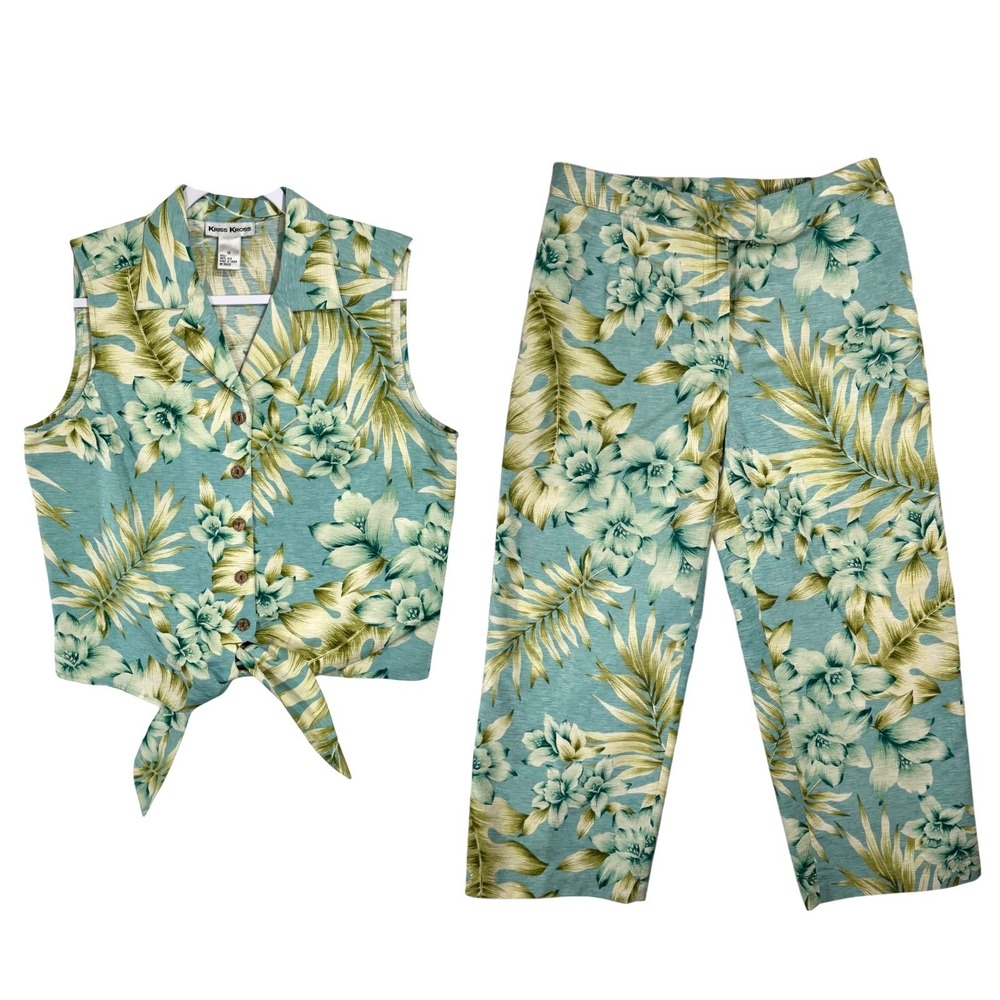 NWT Vintage 2 Piece Silk Top & Pants Set Size 12 Floral Tropical Coastal Cropped